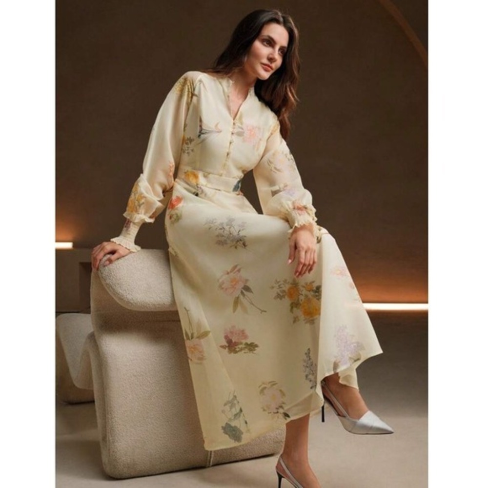 🆕️ *NWT* Anewsta Floral Maxi Dress Ivory Sheer Long Sleeve Party Cocktail M - Picture 2 of 16